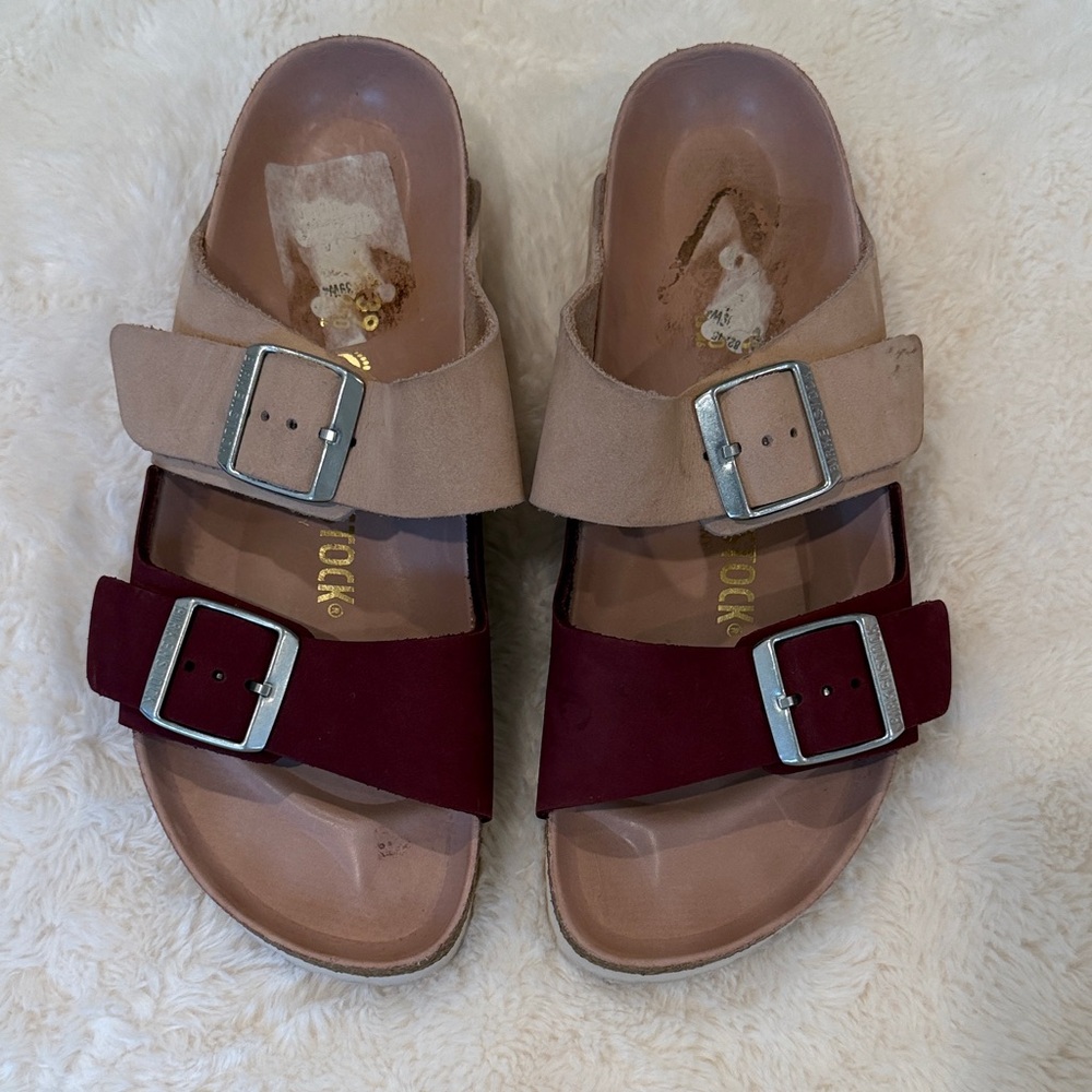 Birkenstock Two-Band Buckle Slide Sandals — Beige & Burgundy